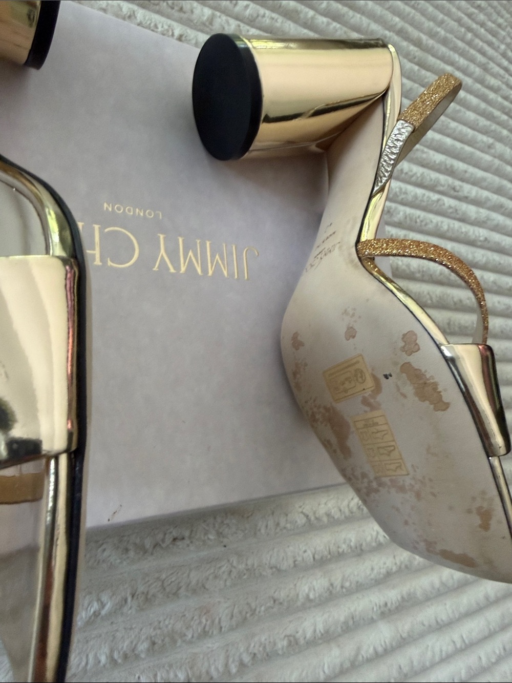 Jimmy Choo Gold Mirror Metallic Heel Sandals with Glitter Strap - Picture 4 of 7